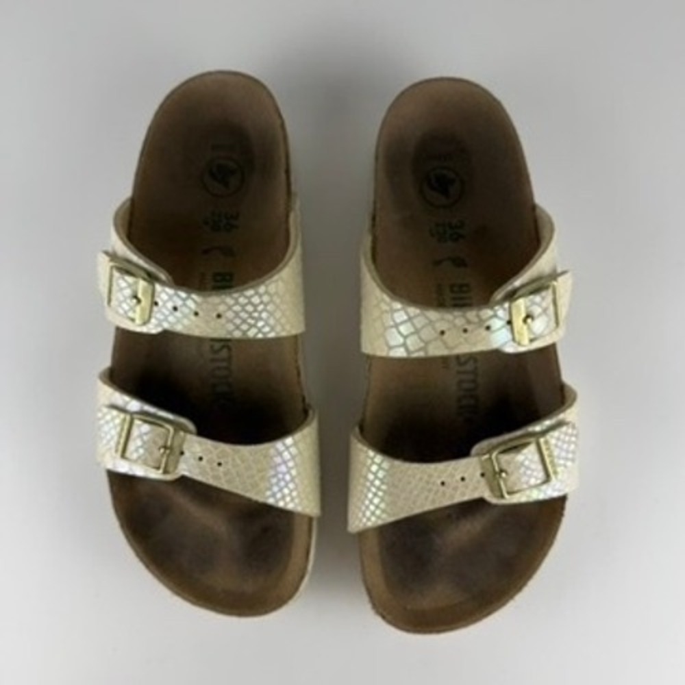 Birkenstock 36 Sydney Birko-Flor TwoStrap Sandals Snake Cream Leather Shine - Picture 6 of 12